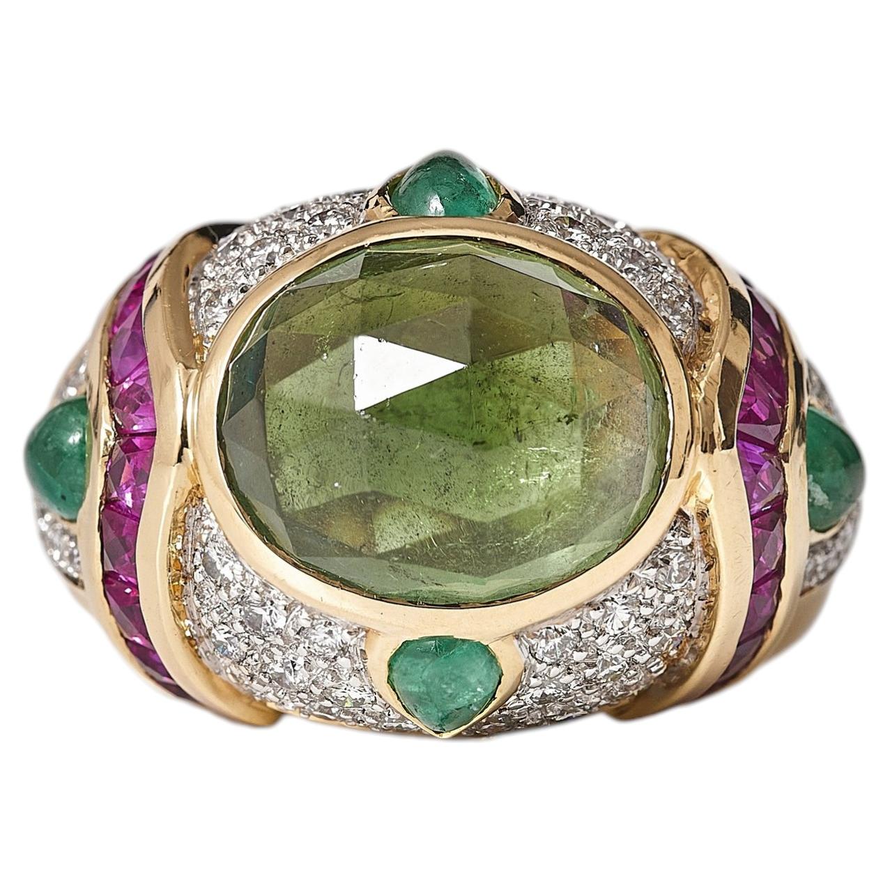 Anello anni '90 in oro 18kt con tormalina, smeraldo, rubino e diamante in stile Baroda
