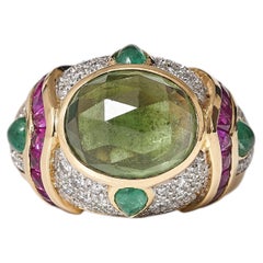 1990s Baroda-Style 18kt Gold Tourmaline, Emerald, Ruby, Diamond Ring