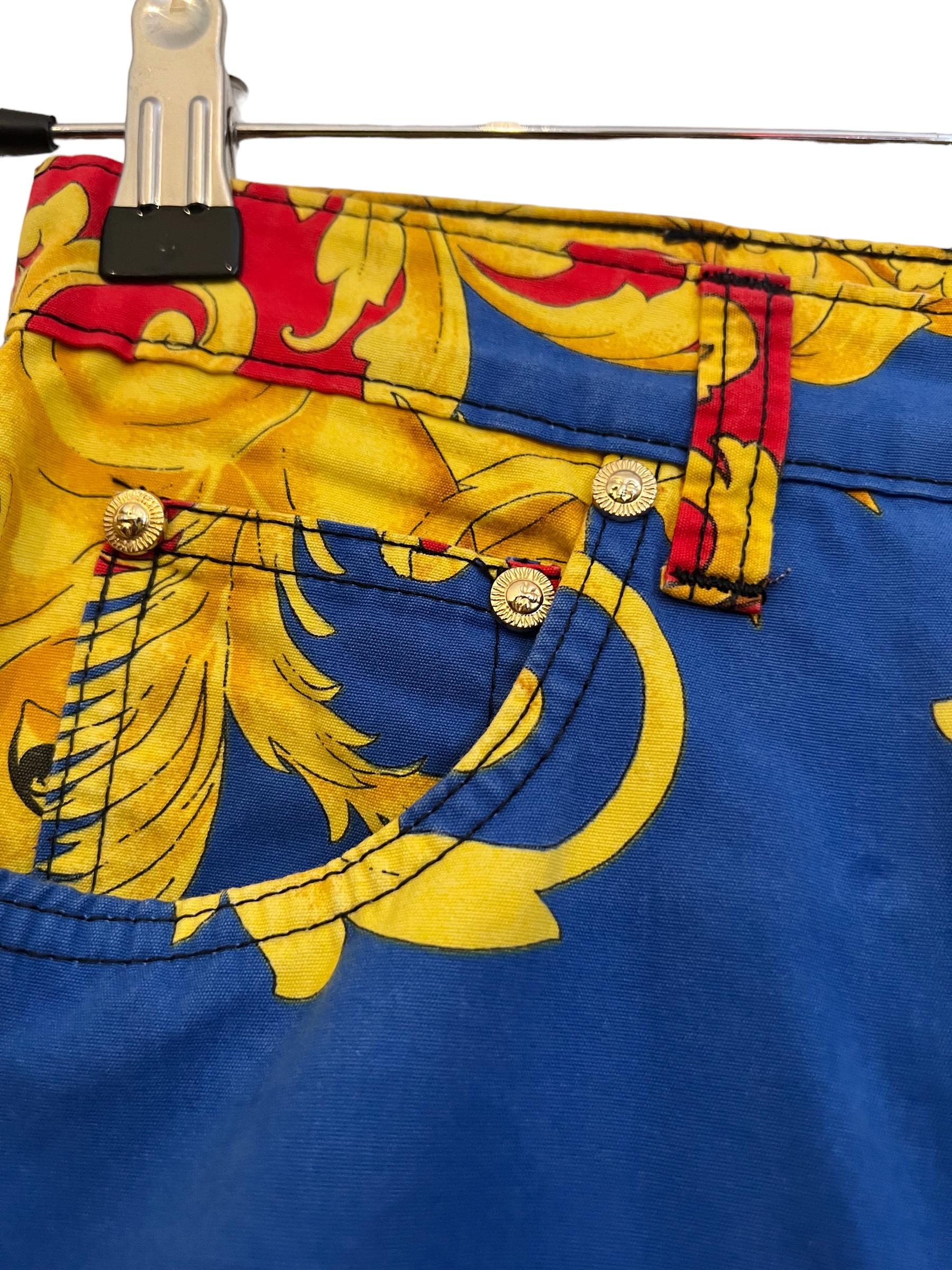 1990's Baroque Gianni Versace High waisted Colourful Rococo patterned Jeans For Sale 4