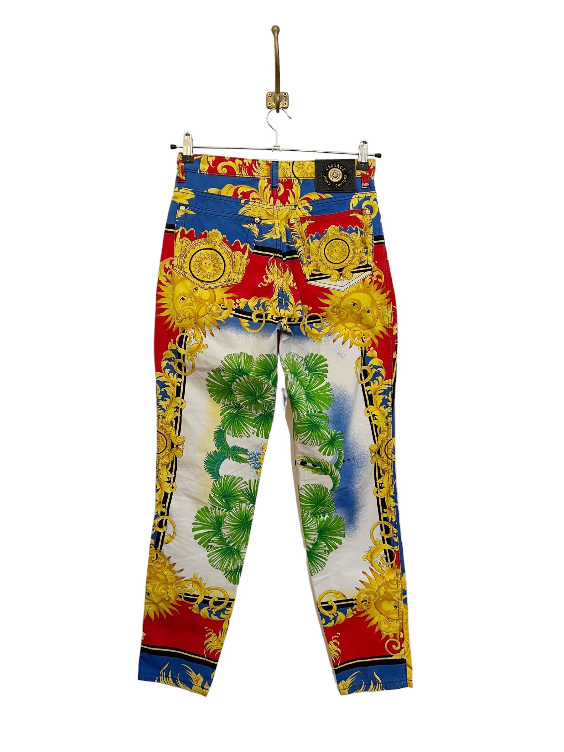 1990's Baroque Gianni Versace High waisted Colourful Rococo patterned Jeans For Sale 5