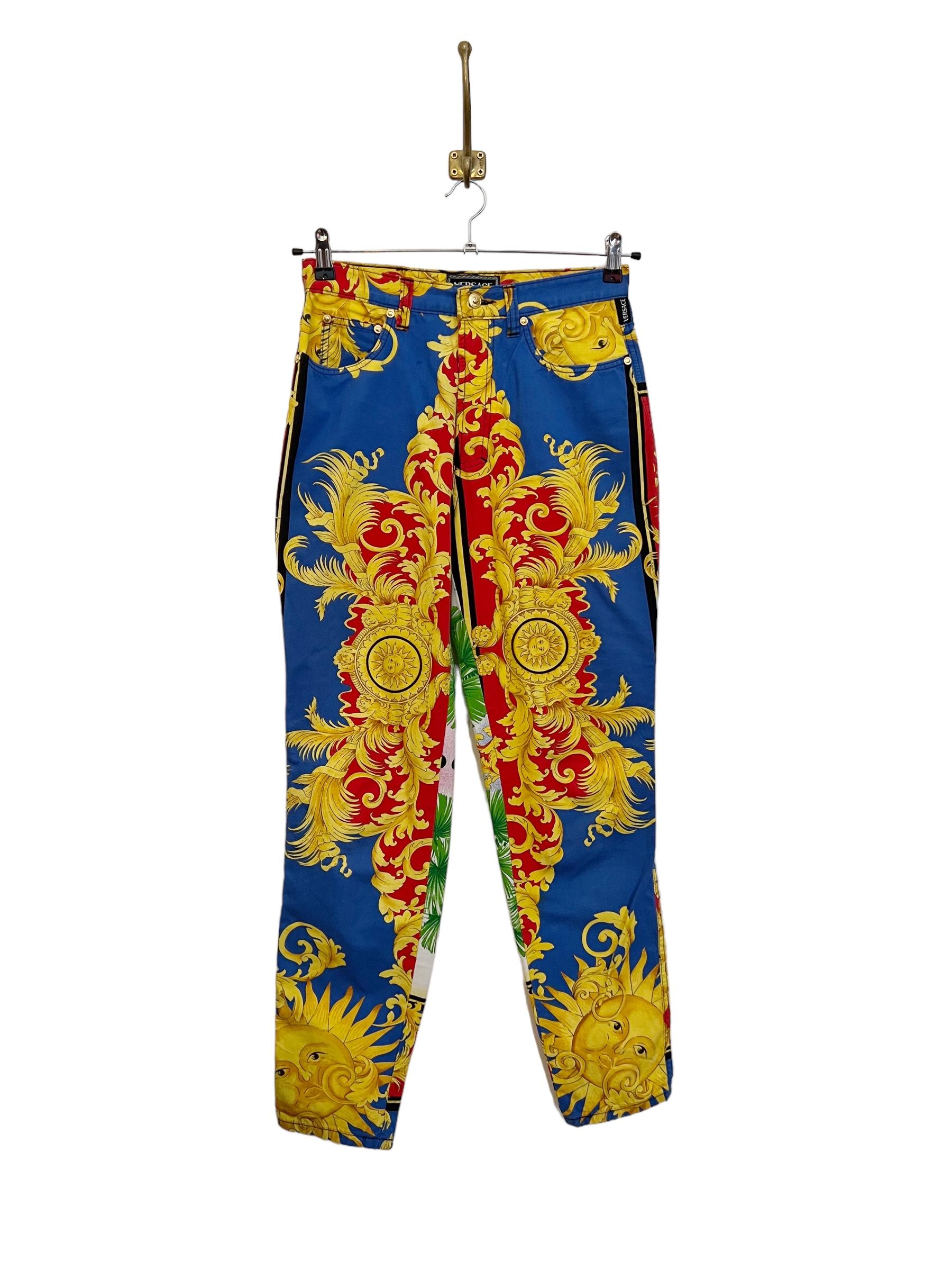 Women's 1990's Baroque Gianni Versace High waisted Colourful Rococo patterned Jeans For Sale