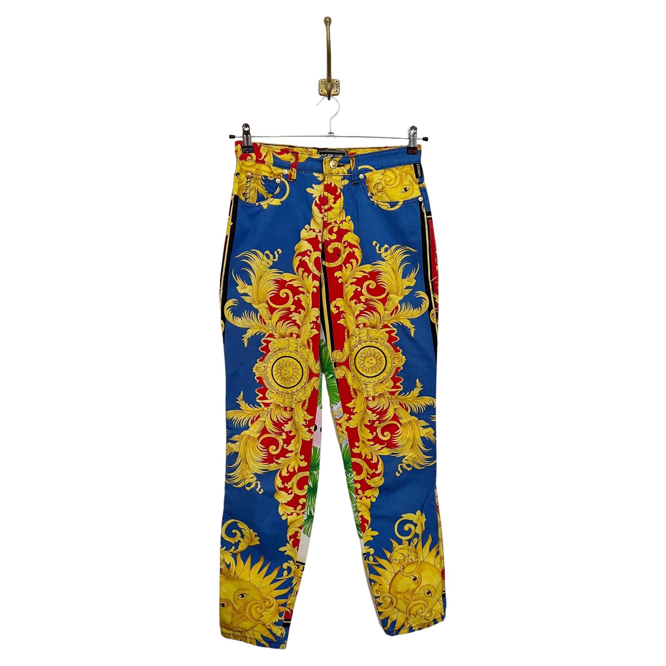 1990's Baroque Gianni Versace High waisted Colourful Rococo patterned Jeans For Sale