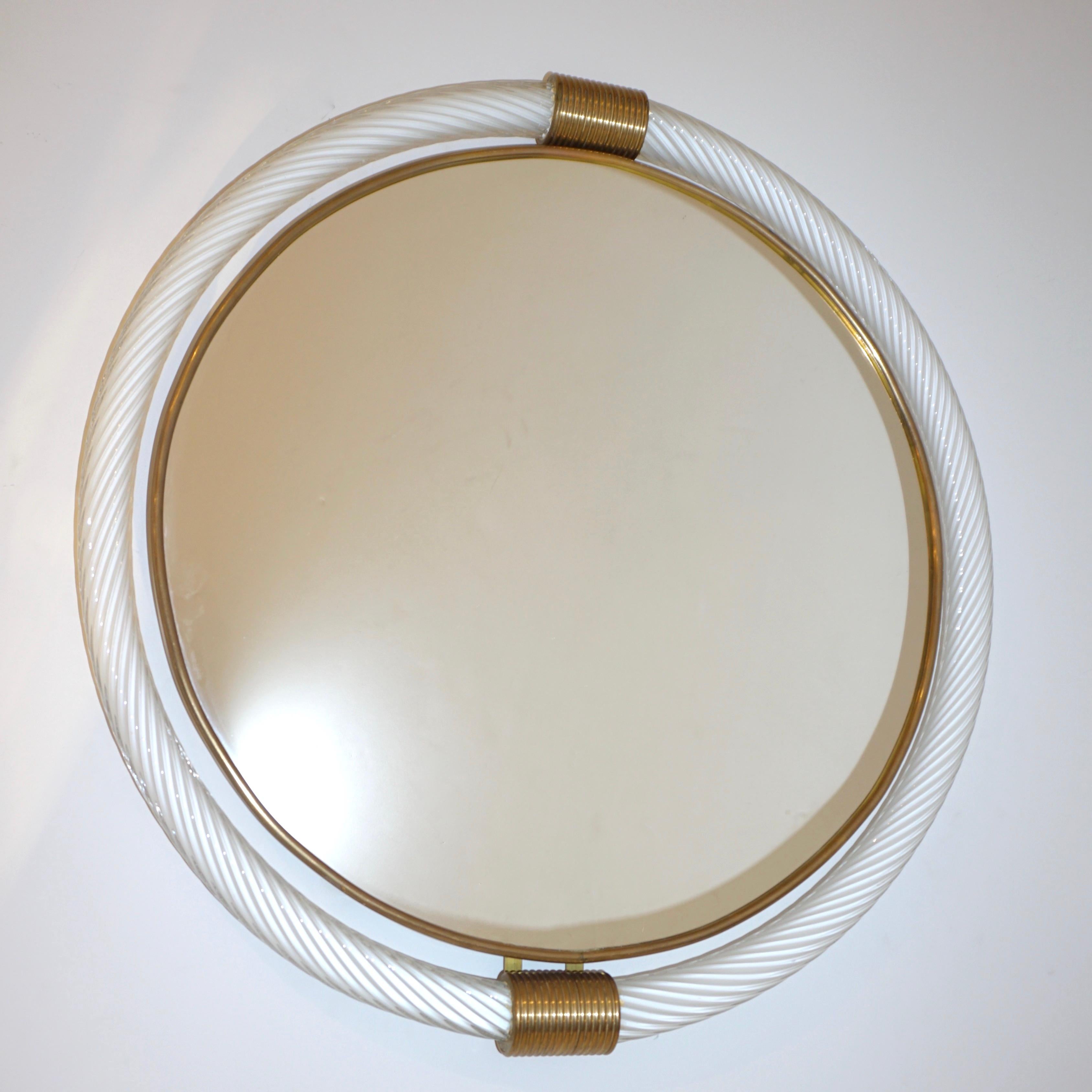 1990s Barovier Italian Milk White Twisted Murano Glass Modern Round Brass Mirror 4