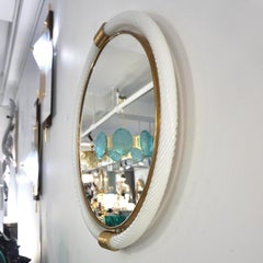 1990s Barovier Italian Milk White Twisted Murano Glass Modern Round Brass Mirror