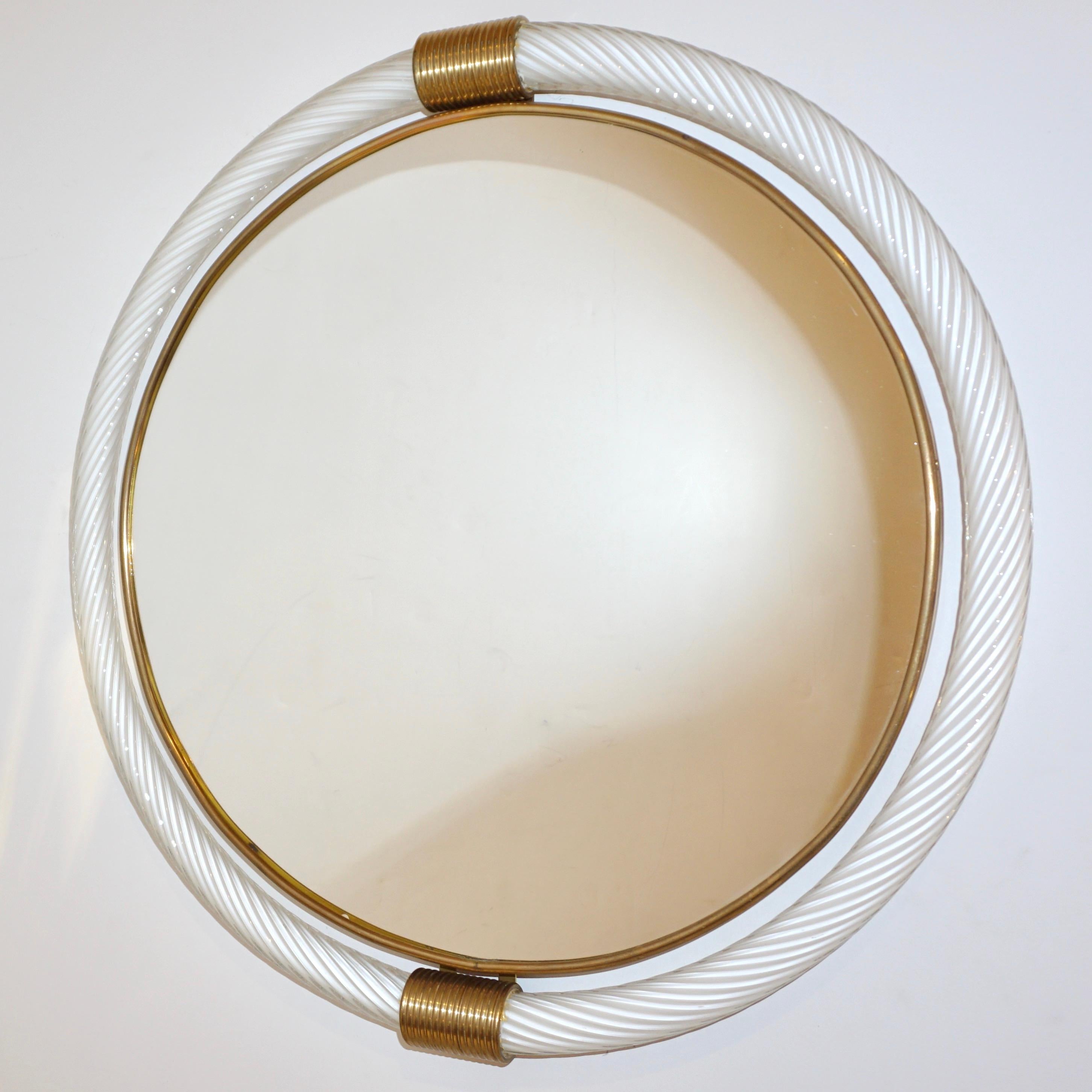 Mid-Century Modern 1990s Barovier Italian Milk White Twisted Murano Glass Modern Round Brass Mirror