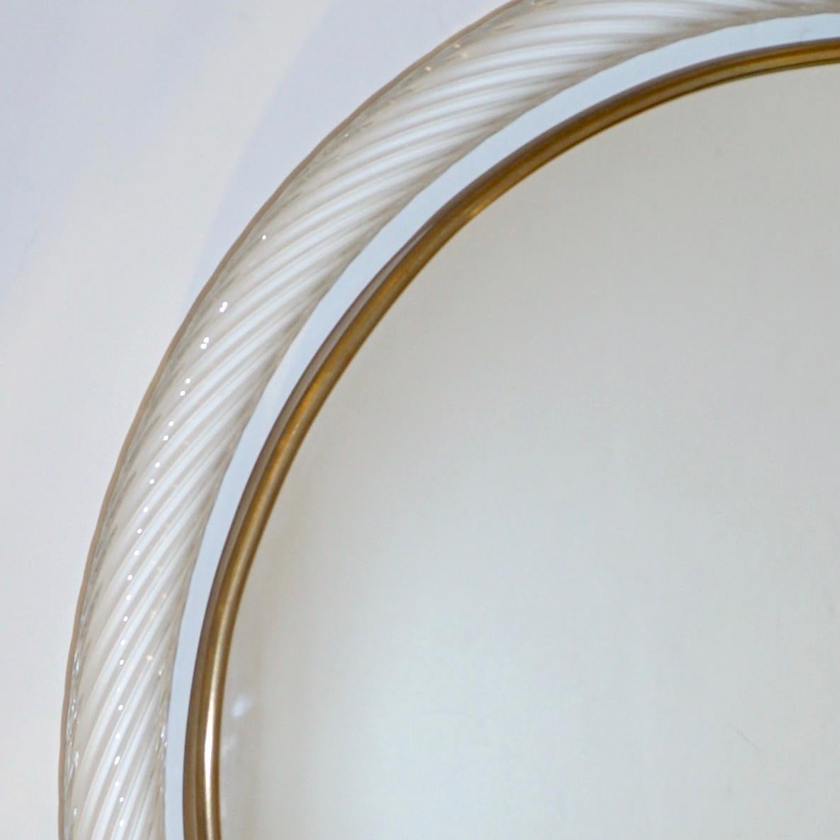 Hand-Crafted 1990s Barovier Italian Milk White Twisted Murano Glass Modern Round Brass Mirror