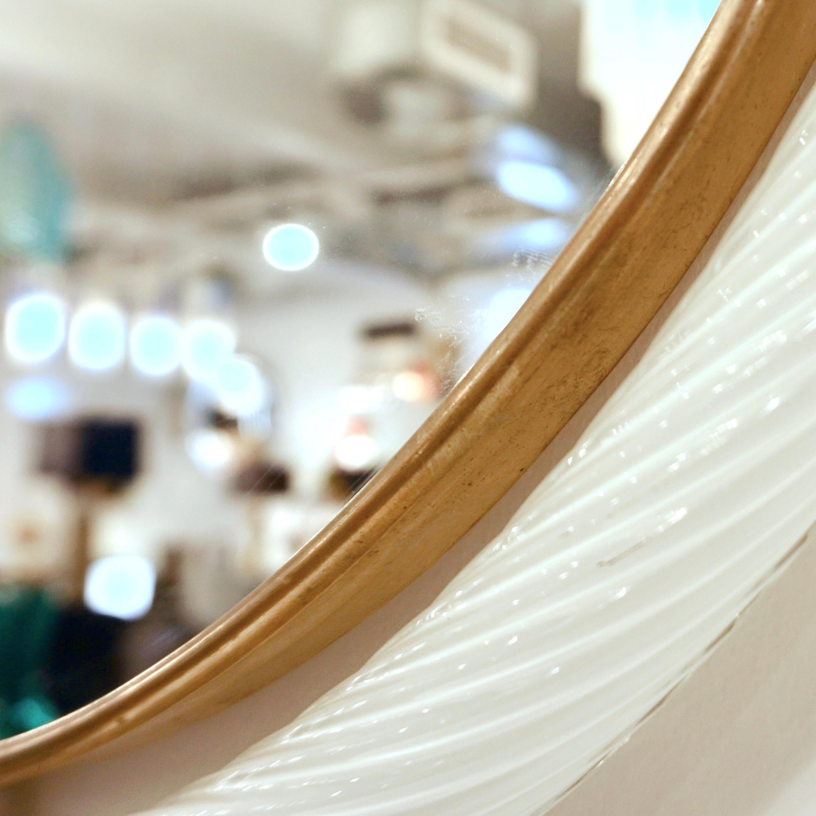 1990s Barovier Italian Milk White Twisted Murano Glass Modern Round Brass Mirror 1