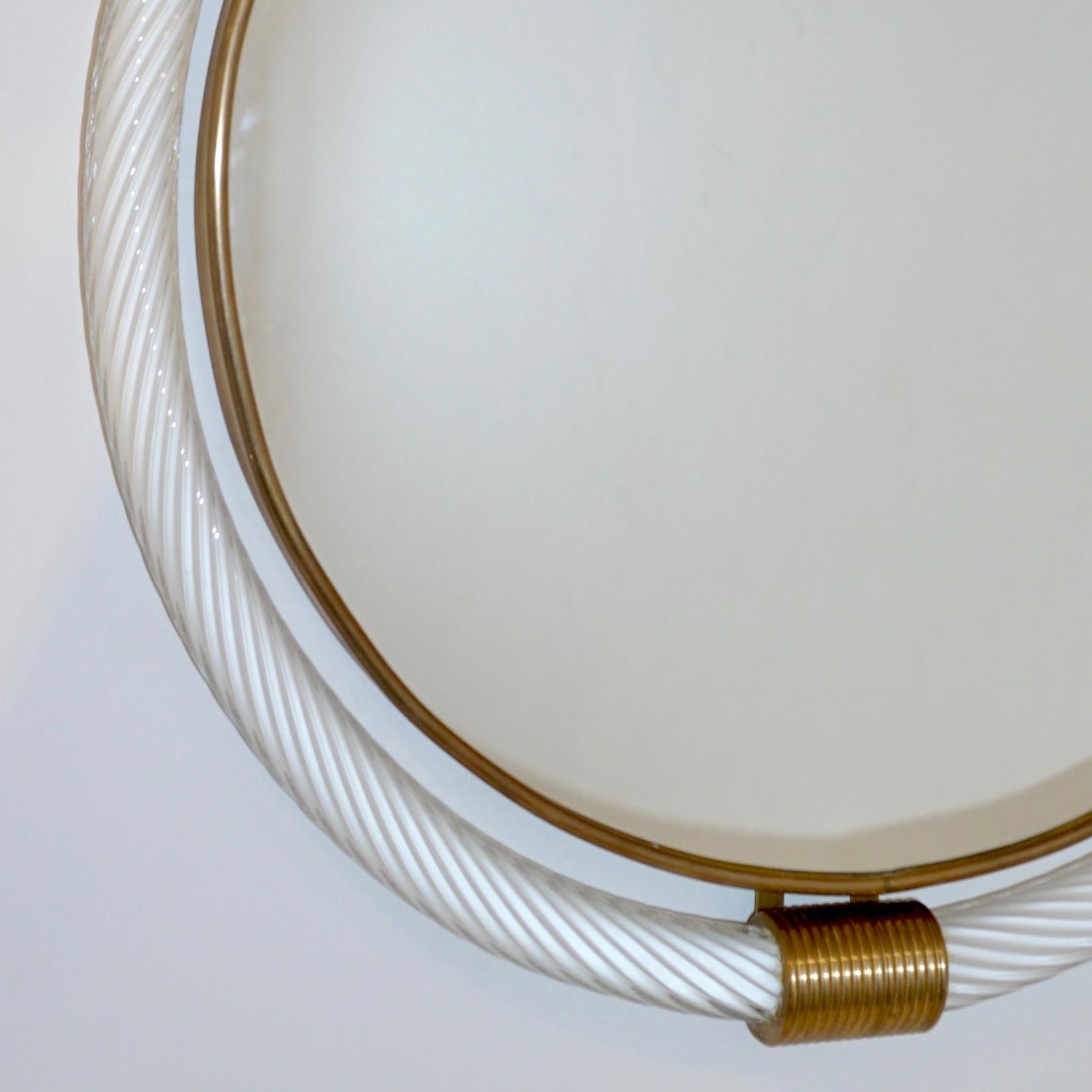 1990s Barovier Italian Milk White Twisted Murano Glass Modern Round Brass Mirror 2