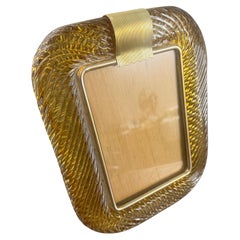 1990s Barovier Style Art Deco Amber Murano Glass and Brass Picture Frame