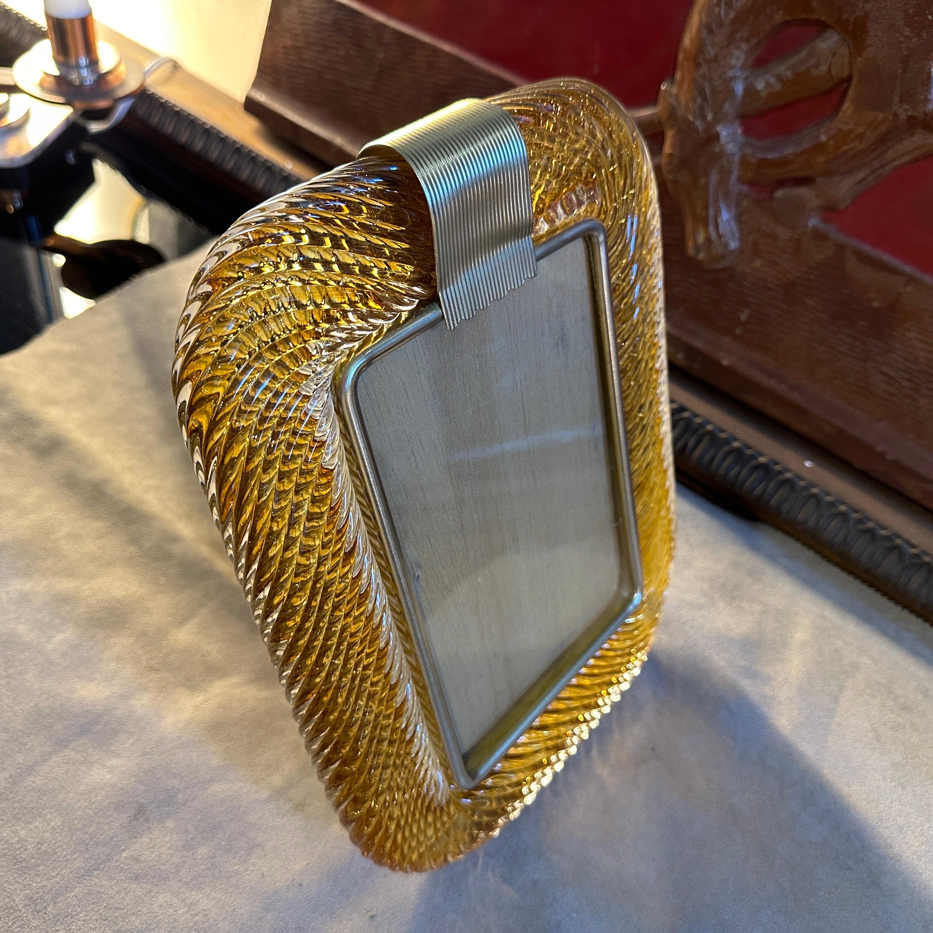 1990s Barovier Style Art Deco Amber Murano Glass and Brass Picture Frame 3