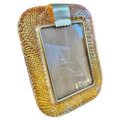 1990s Barovier Style Art Deco Amber Murano Glass and Brass Picture Frame