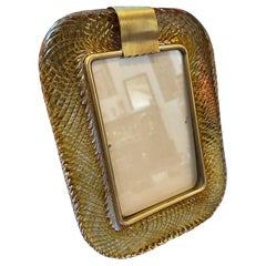 Vintage 1990s Barovier Style Art Deco Amber Murano Glass and Brass Picture Frame