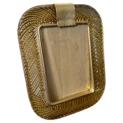 Vintage 1990s Barovier Style Art Deco Amber Murano Glass and Brass Picture Frame