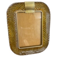 1990s Barovier Style Art Deco Amber Murano Glass and Brass Picture Frame