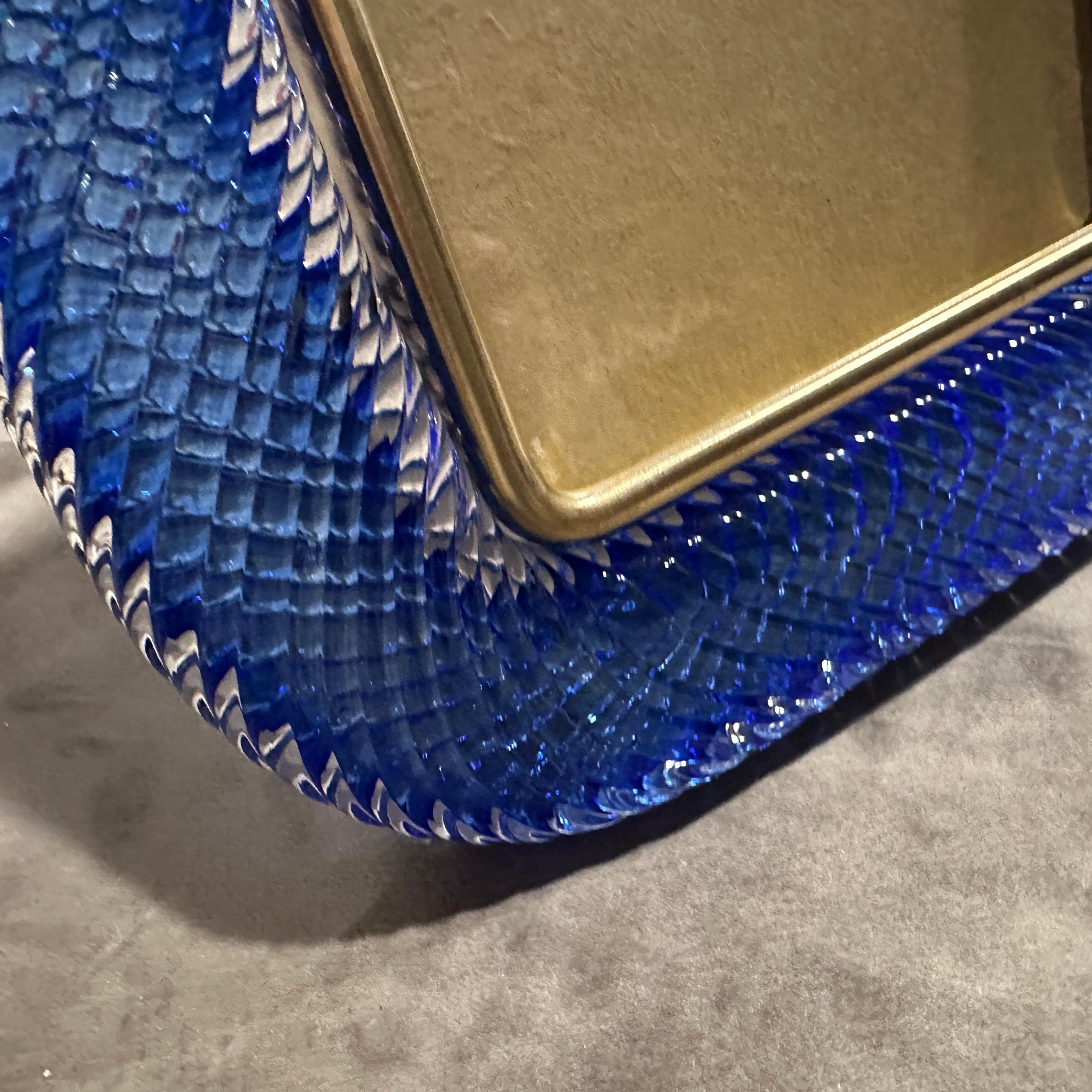20th Century 1990s Barovier Style Art Deco Blue Murano Glass and Brass Picture Frame For Sale