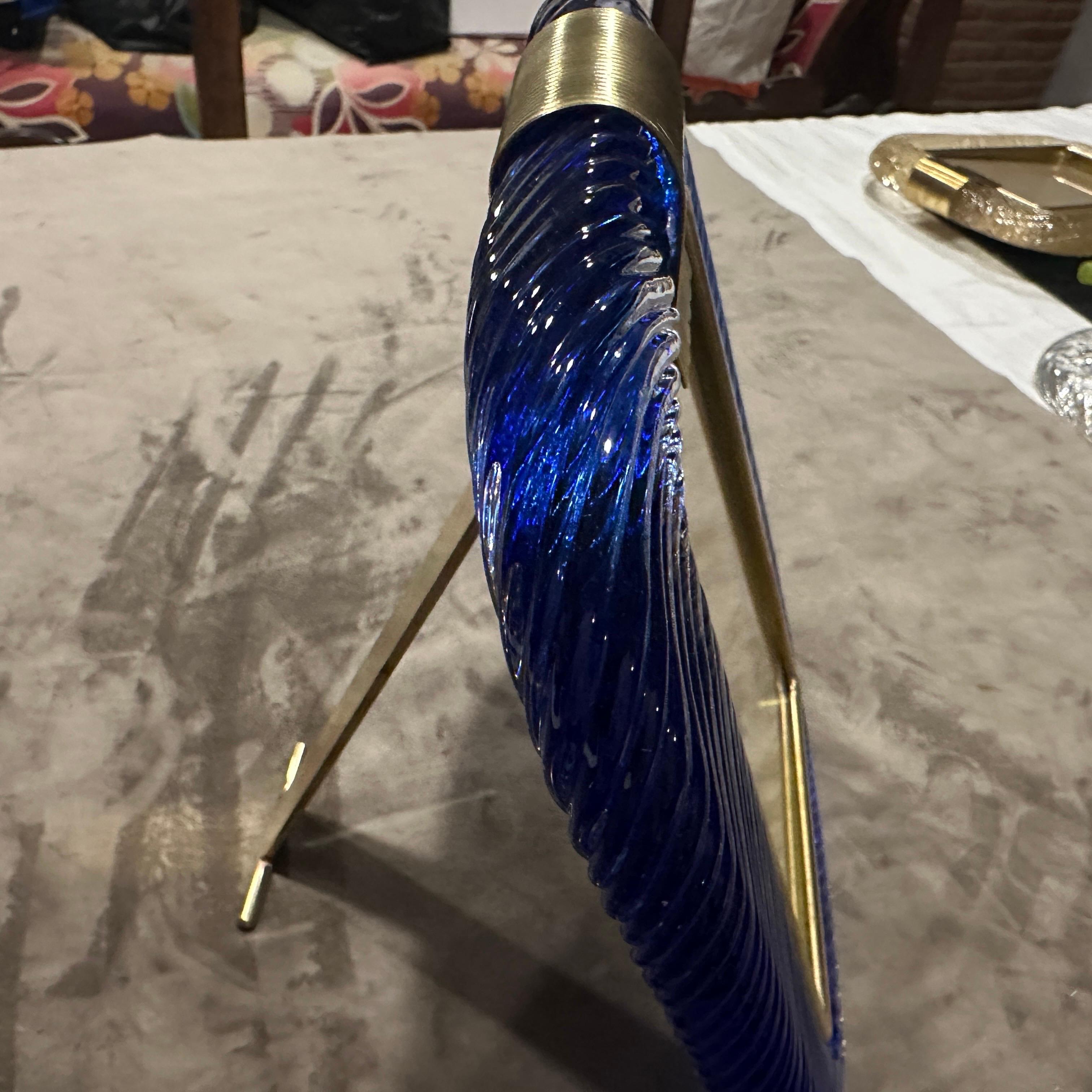 1990s Barovier Style Art Deco Blue Murano Glass and Brass Picture Frame For Sale 2