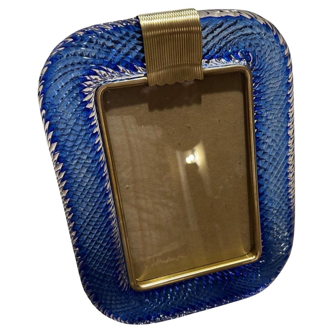 1990 Cadre-photo Art déco en verre de Murano bleu et laiton, style Barovier