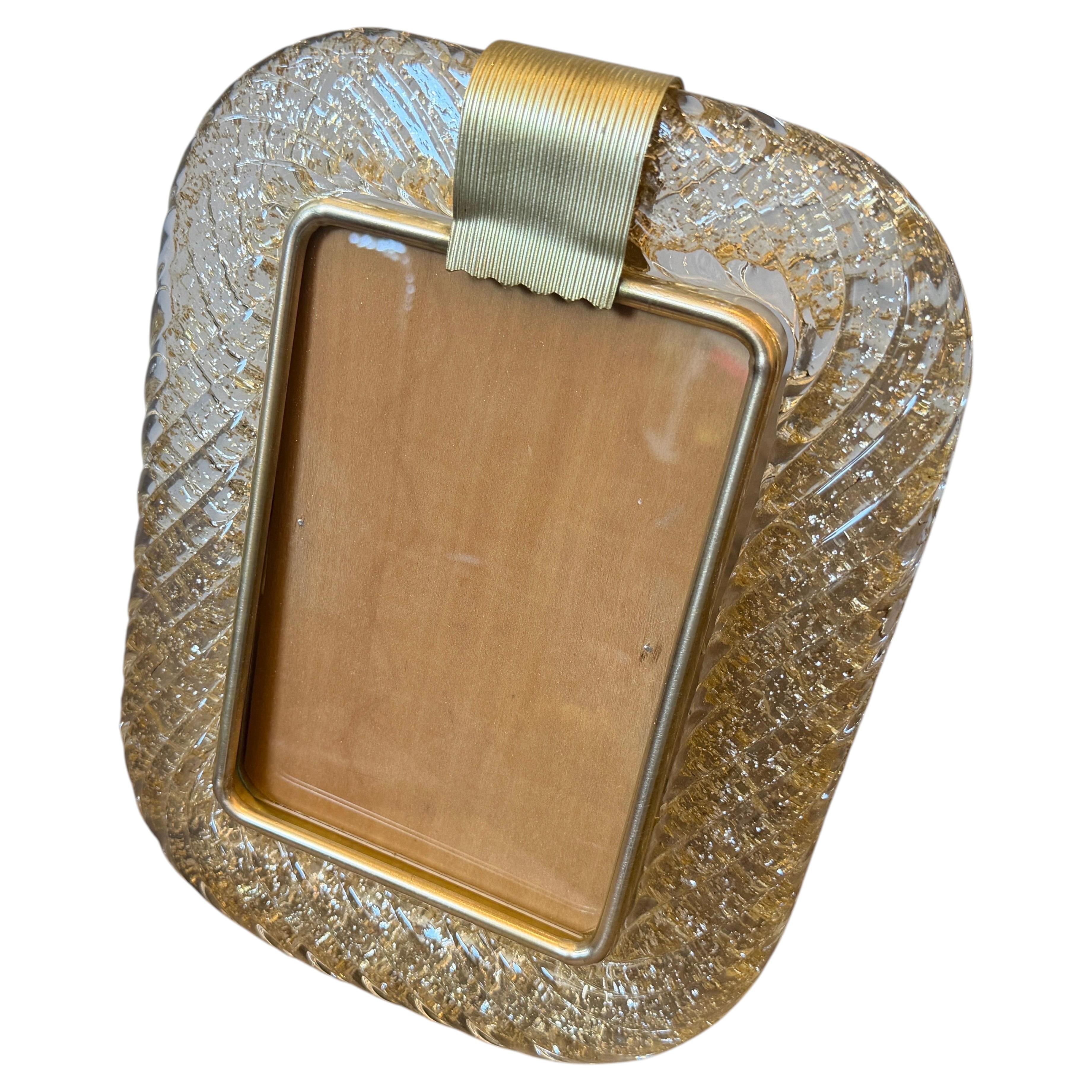 1990s Barovier Style Art Deco Brass and Gold Murano Glass Picture Frame For Sale