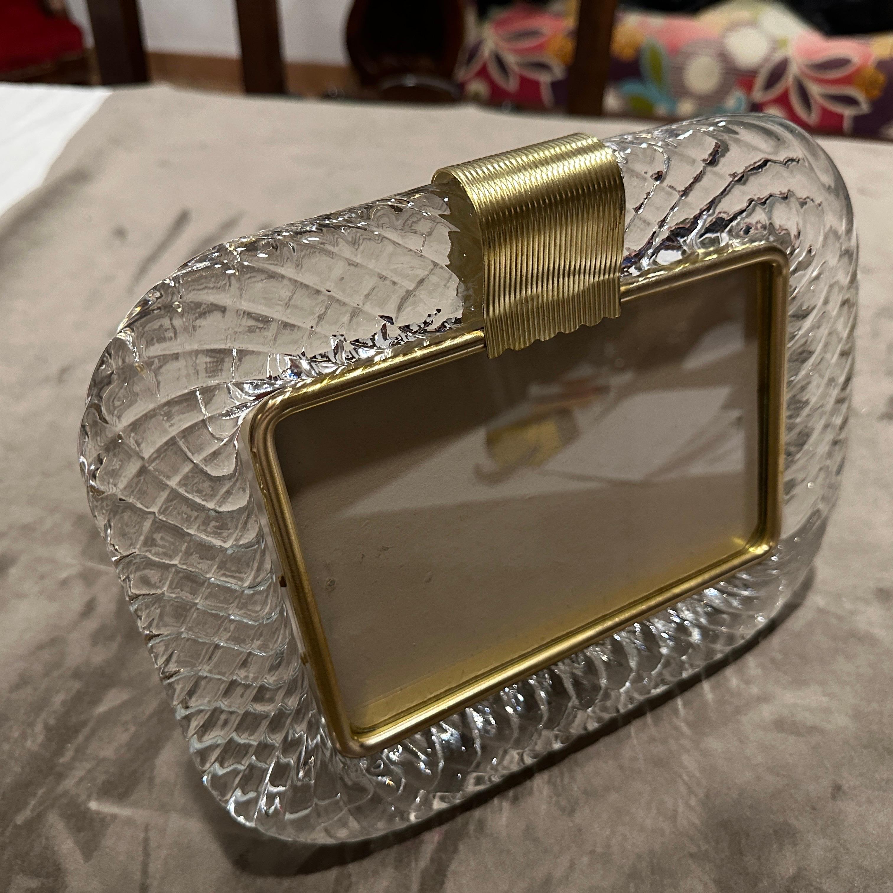 1990s Barovier Style Art Deco Clear Murano Glass and Brass Picture Frame For Sale 2