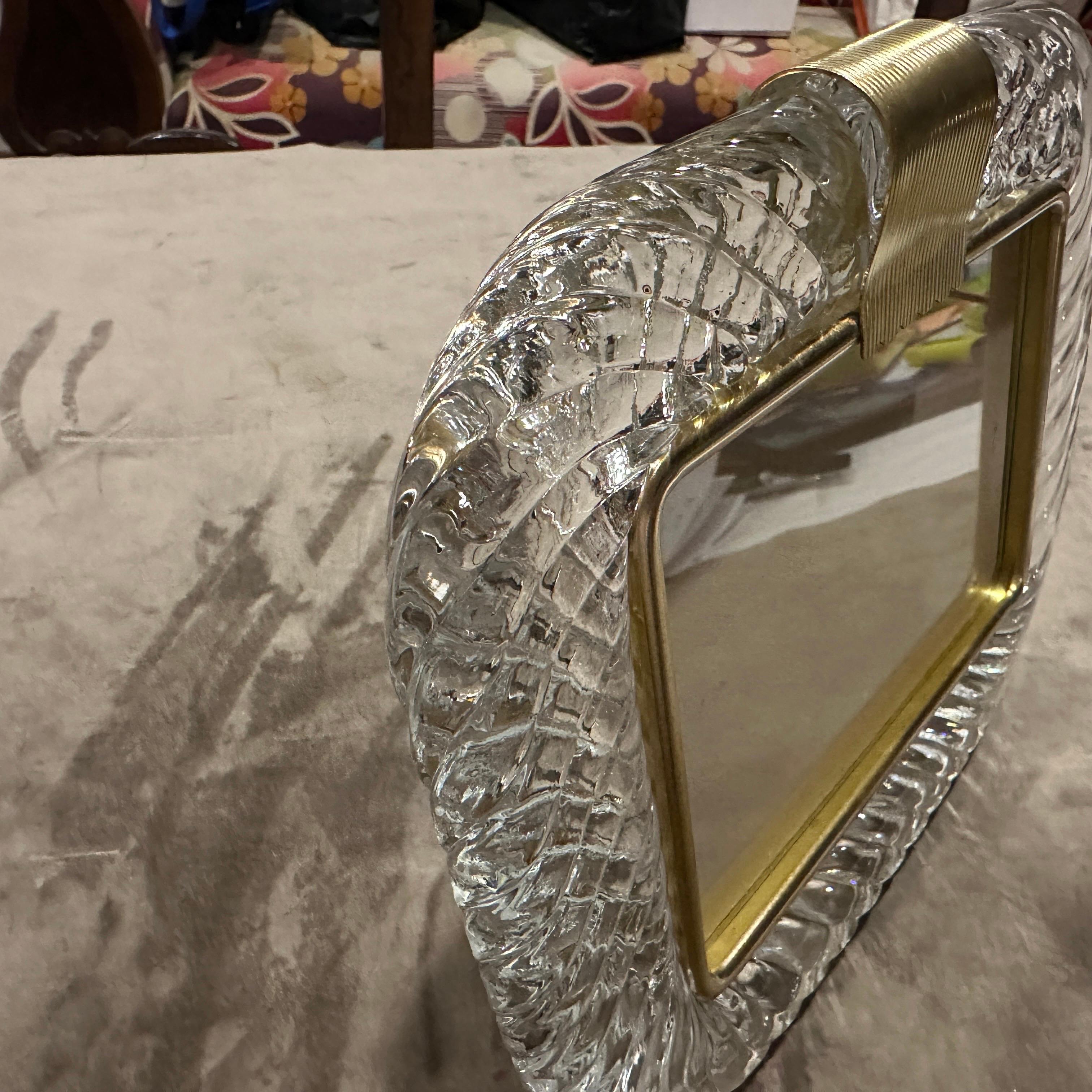 1990s Barovier Style Art Deco Clear Murano Glass and Brass Picture Frame For Sale 3