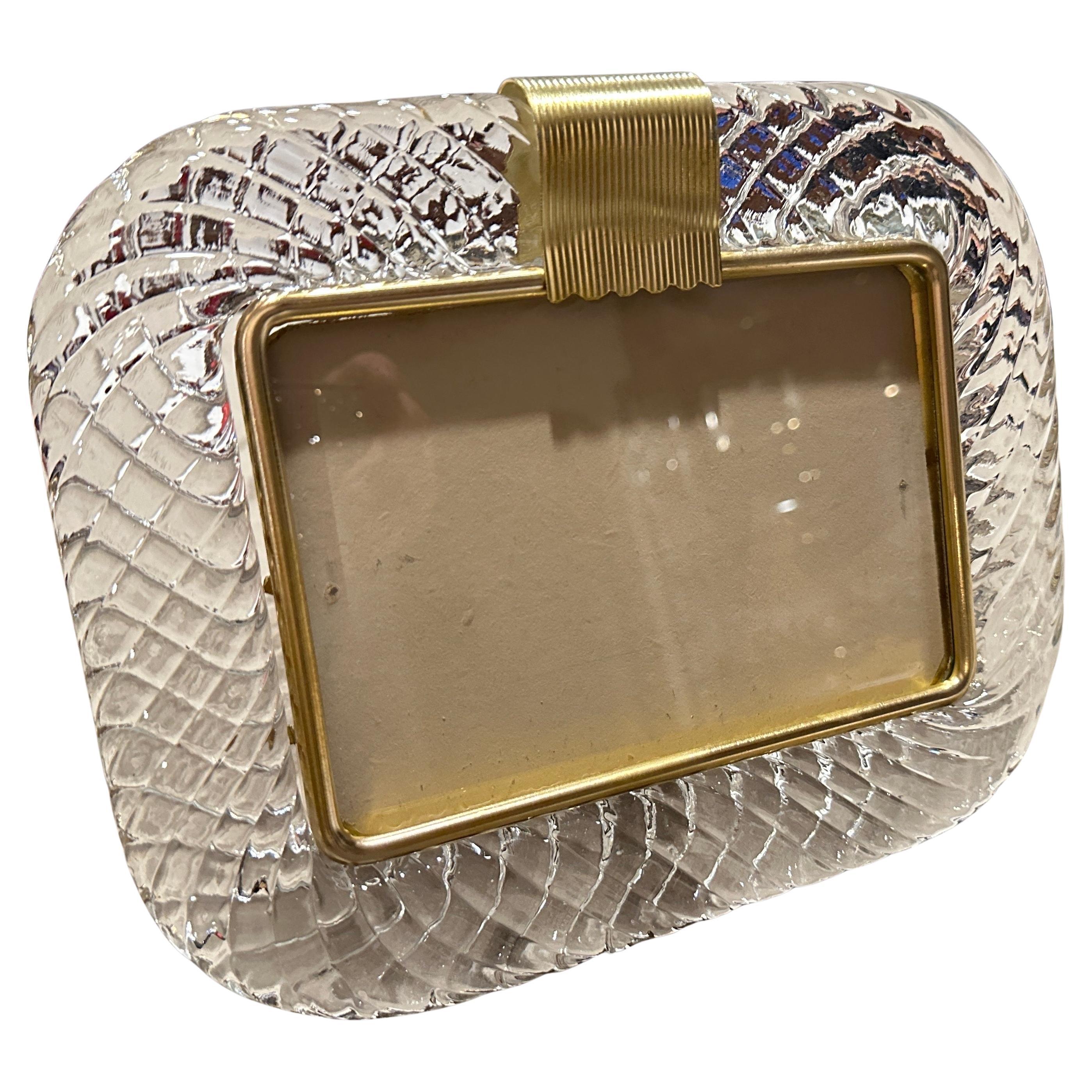 1990s Barovier Style Art Deco Clear Murano Glass and Brass Picture Frame For Sale