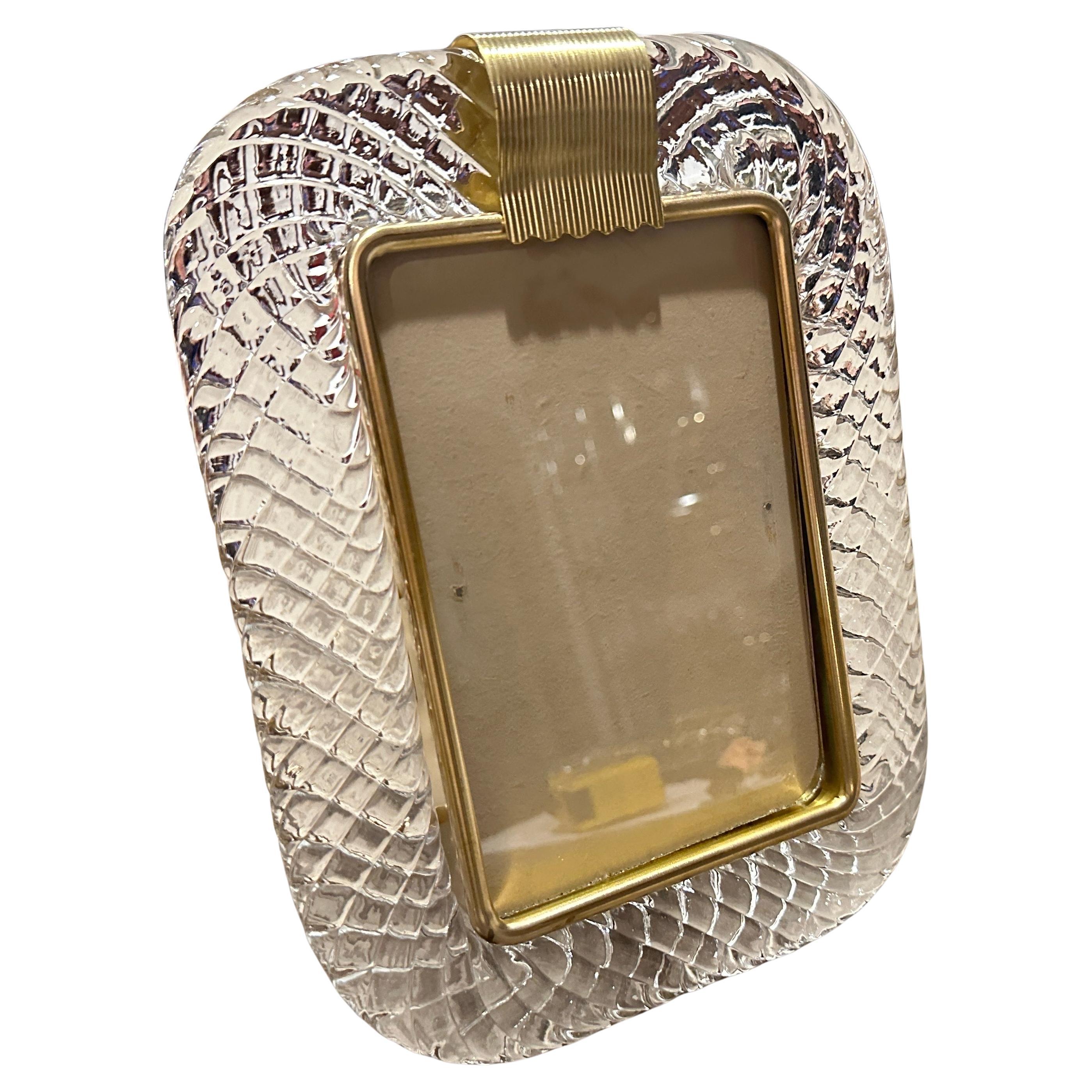 1990s Barovier Style Art Deco Clear Murano Glass and Brass Picture Frame