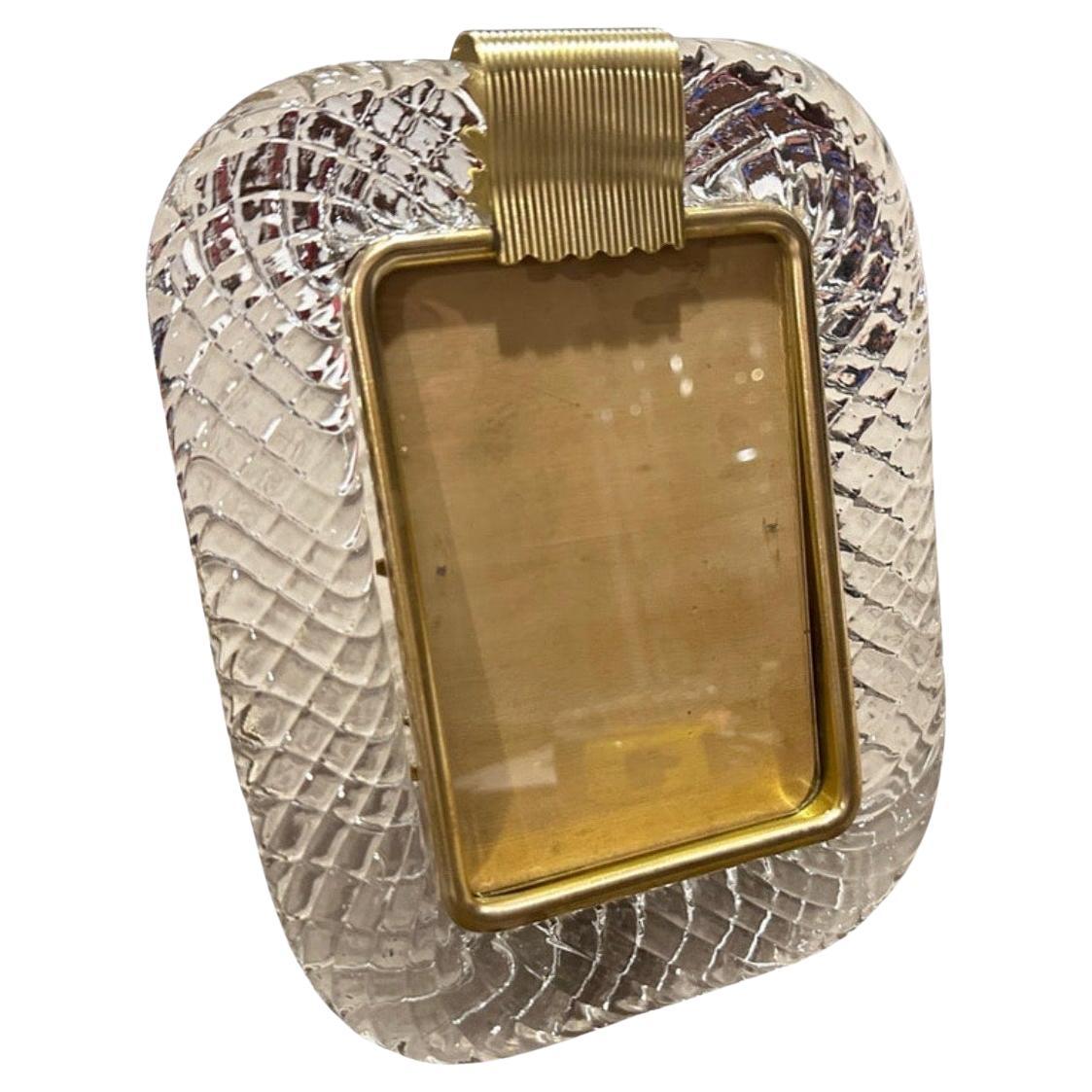 1990s Barovier Style Art Deco Clear Murano Glass and Brass Picture Frame