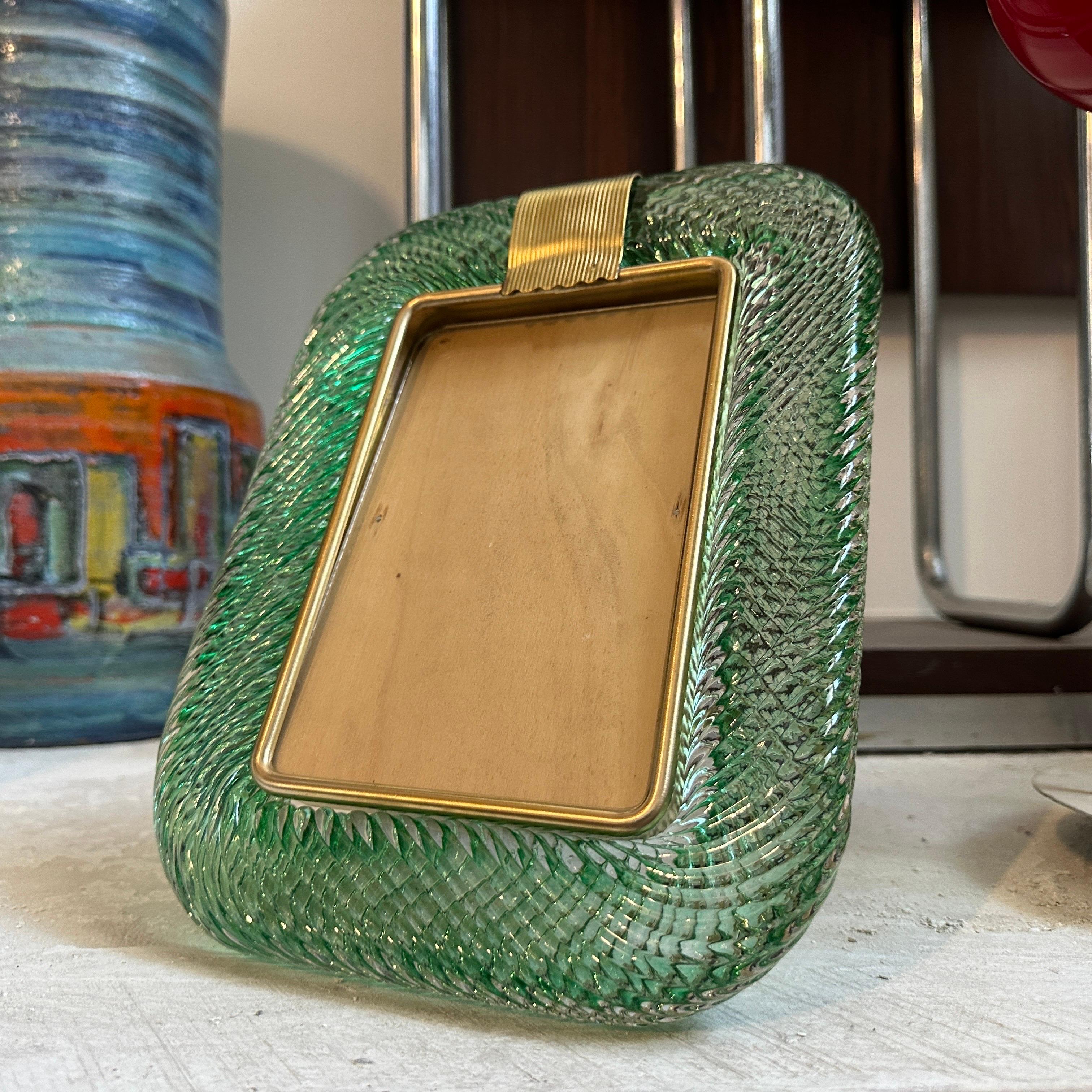 20th Century 1990s Barovier style Art Deco Green Murano Glass and Brass Picture Frame
