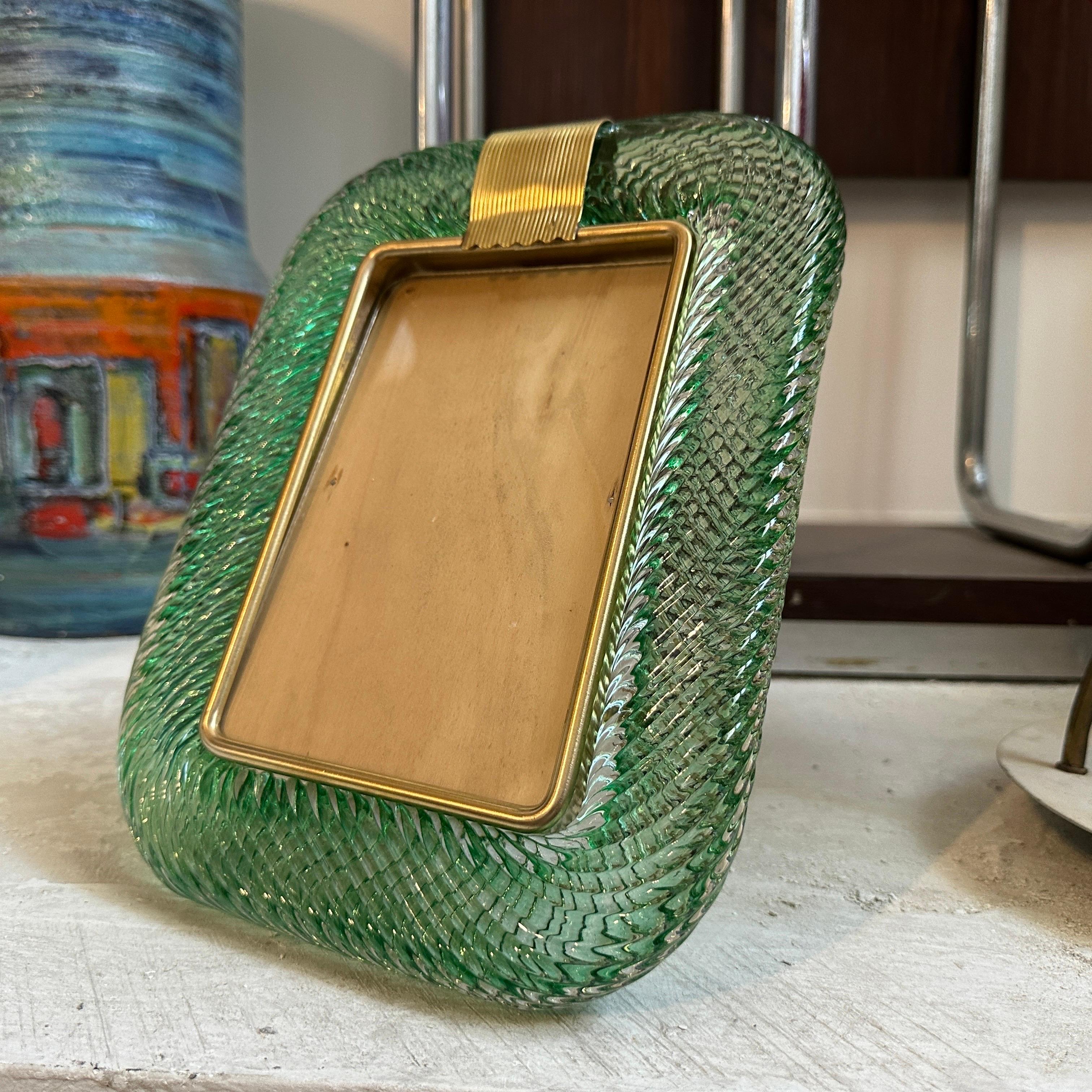 1990s Barovier style Art Deco Green Murano Glass and Brass Picture Frame 1