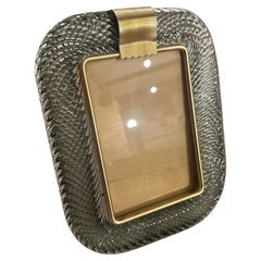 1990s Barovier Style Art Deco Grey Murano Glass and Brass Picture Frame