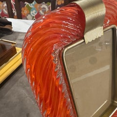 1990s Barovier Style Art Deco Orange Murano Glass and Brass Picture Frame