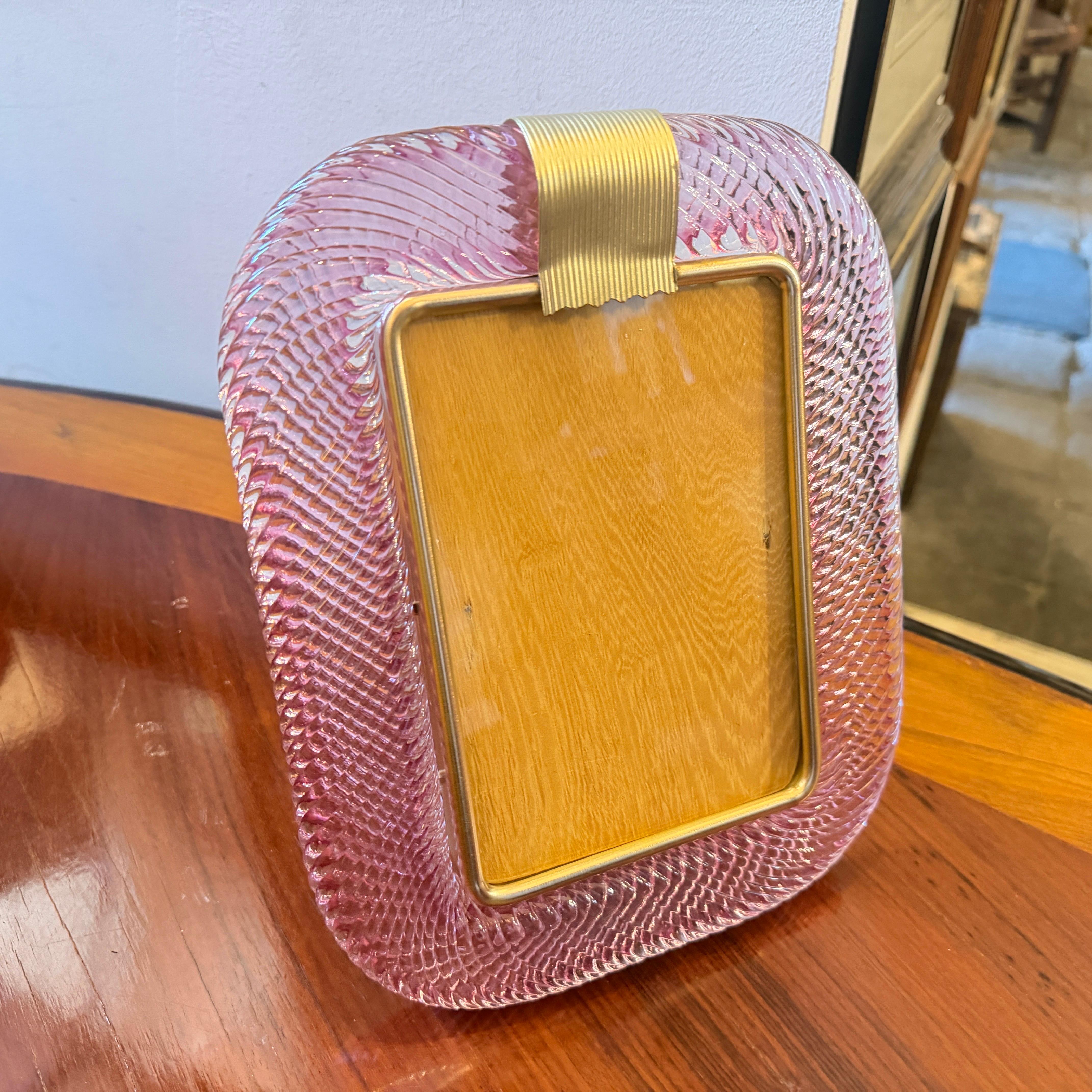1990s Barovier Style Art Deco Pink Murano Glass and Brass Picture
