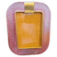 1990s Barovier Style Art Deco Pink Murano Glass and Brass Picture Frame