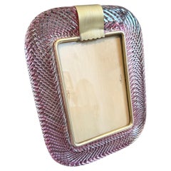 1990s Barovier Style Art Deco Pink Murano Glass and Brass Picture Frame