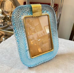 1990s Barovier Style Art Deco Turquoise Murano Glass and Brass Picture Frame