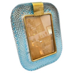 1990s Barovier Style Art Deco Turquoise Murano Glass and Brass Picture Frame