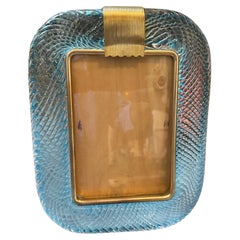 Vintage 1990s Barovier Style Art Deco Turquoise Murano Glass and Brass Picture Frame