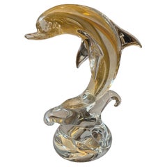 1990s Barovier Style Modern White and Gold Murano Glass Dolphin