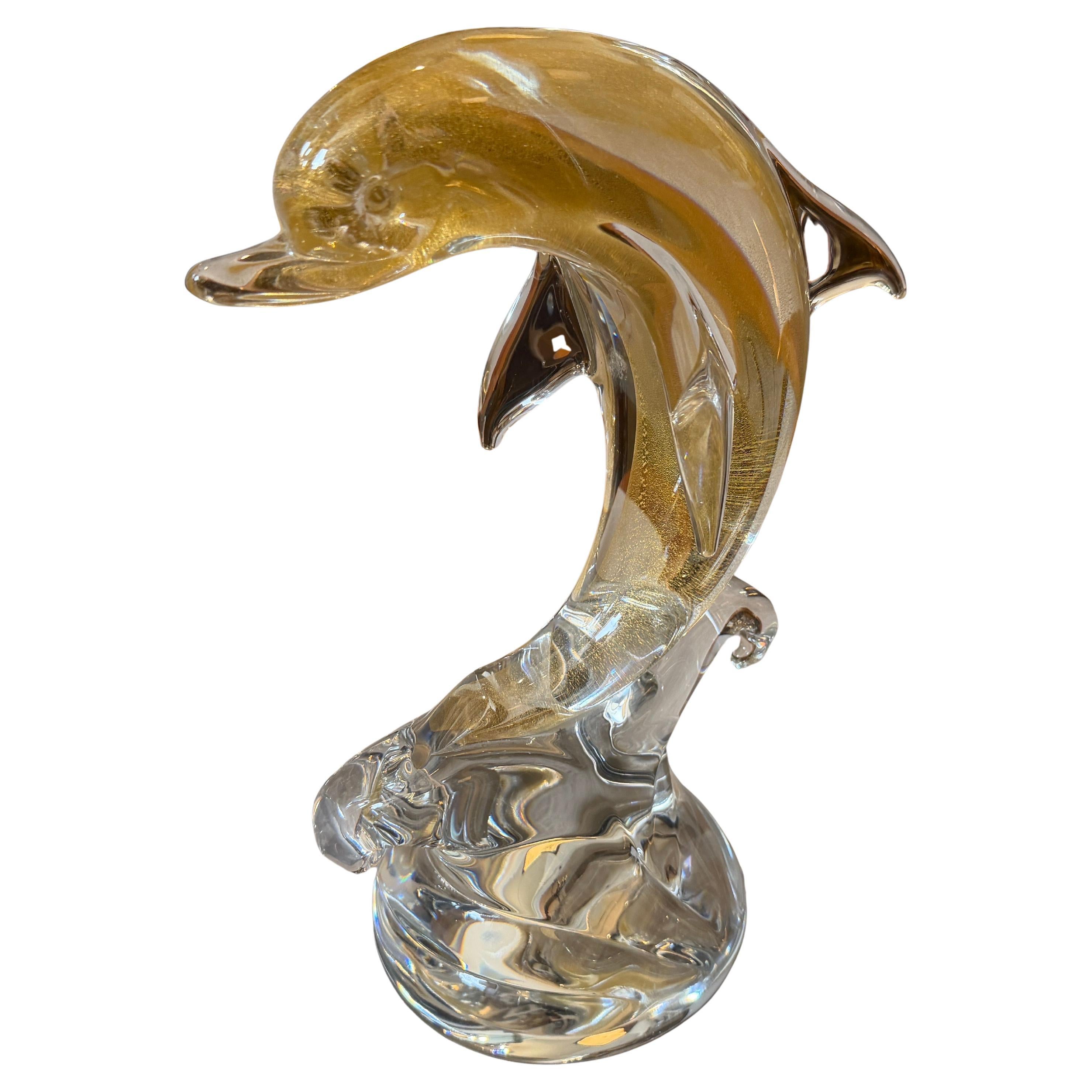Delfín de cristal de Murano blanco y dorado, estilo Barovier de los años 90
