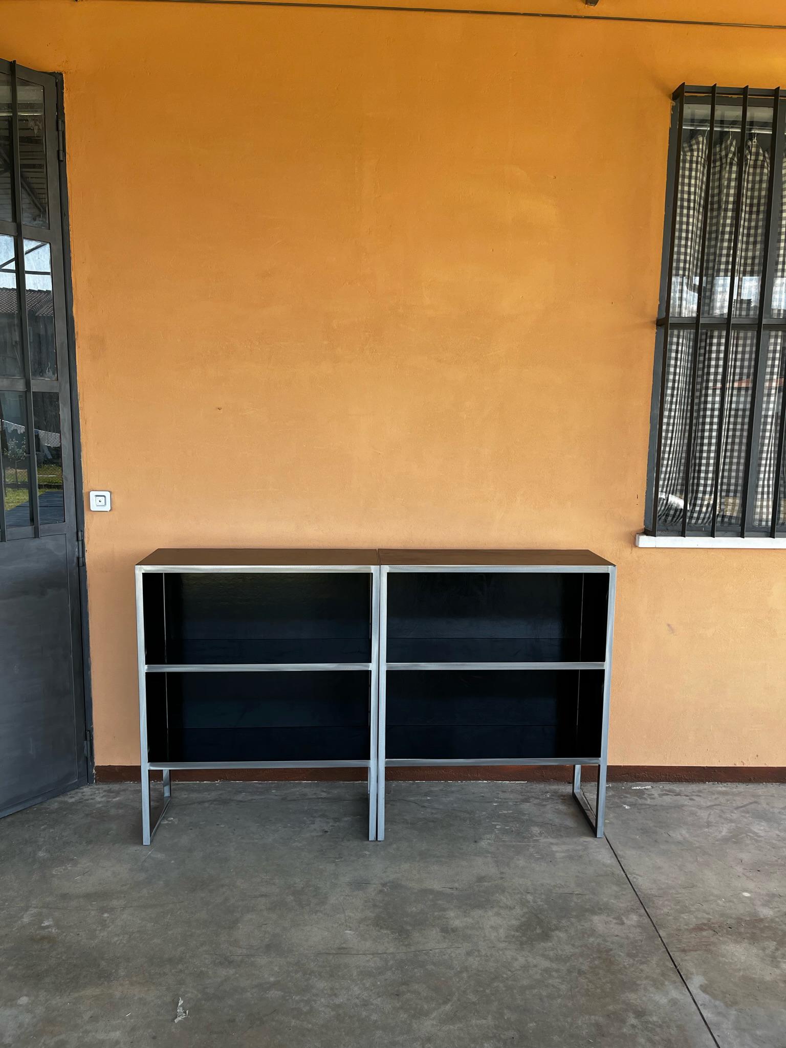 Modern 1990s Baxter Black Leather and Steel Bookcases  For Sale