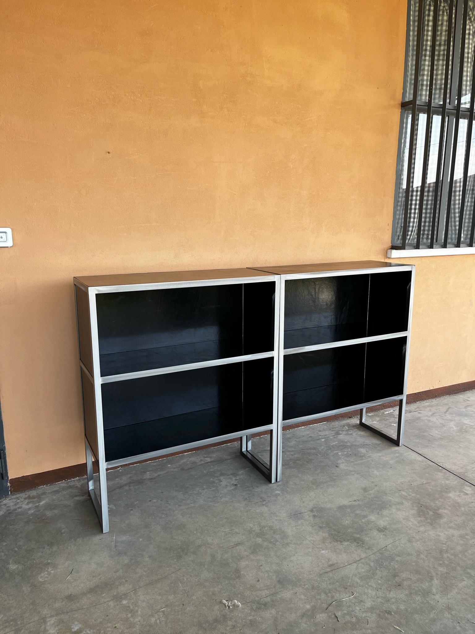 20th Century 1990s Baxter Black Leather and Steel Bookcases  For Sale