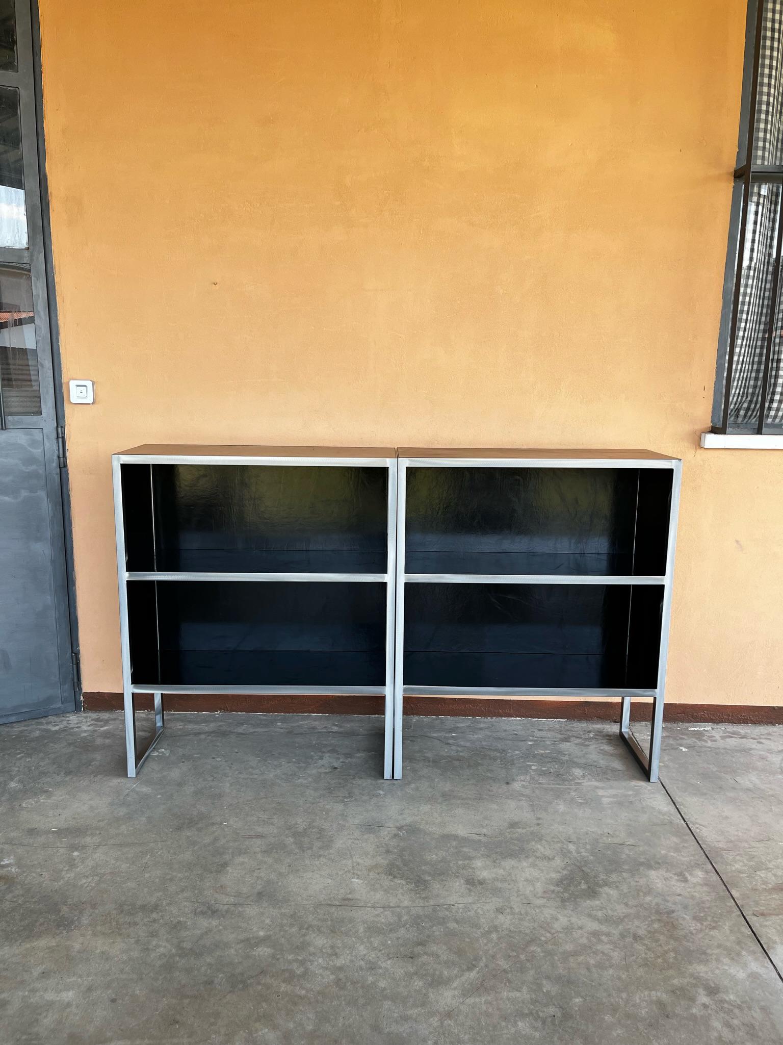 1990s Baxter Black Leather and Steel Bookcases  For Sale 2