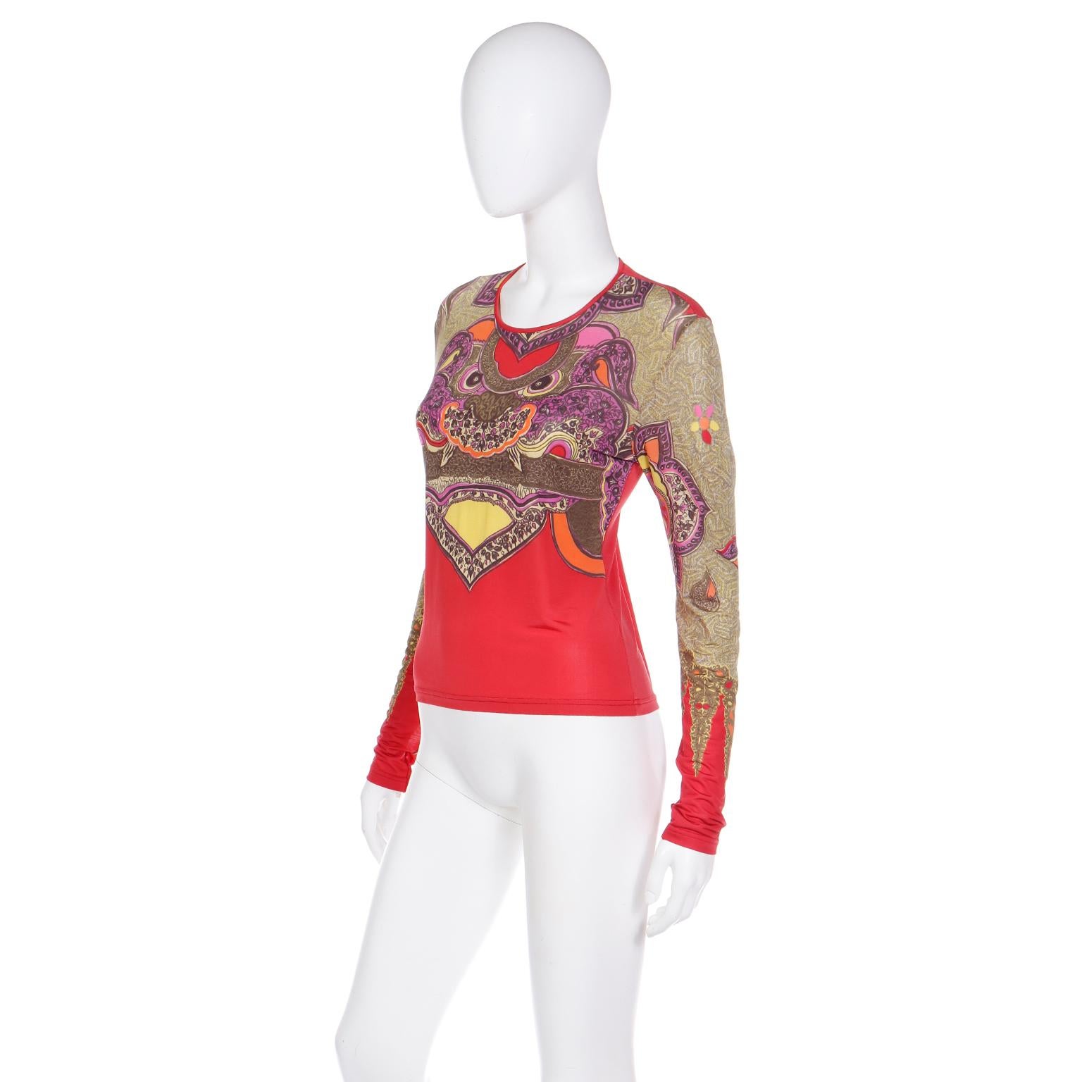 1990s Bazar Christian Lacroix Vintage Chinese Dragon Print Long Sleeve Top In Excellent Condition For Sale In Portland, OR