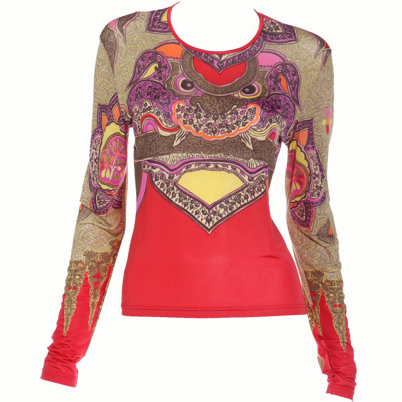 1990s Bazar Christian Lacroix Vintage Chinese Dragon Print Long Sleeve Top For Sale 4