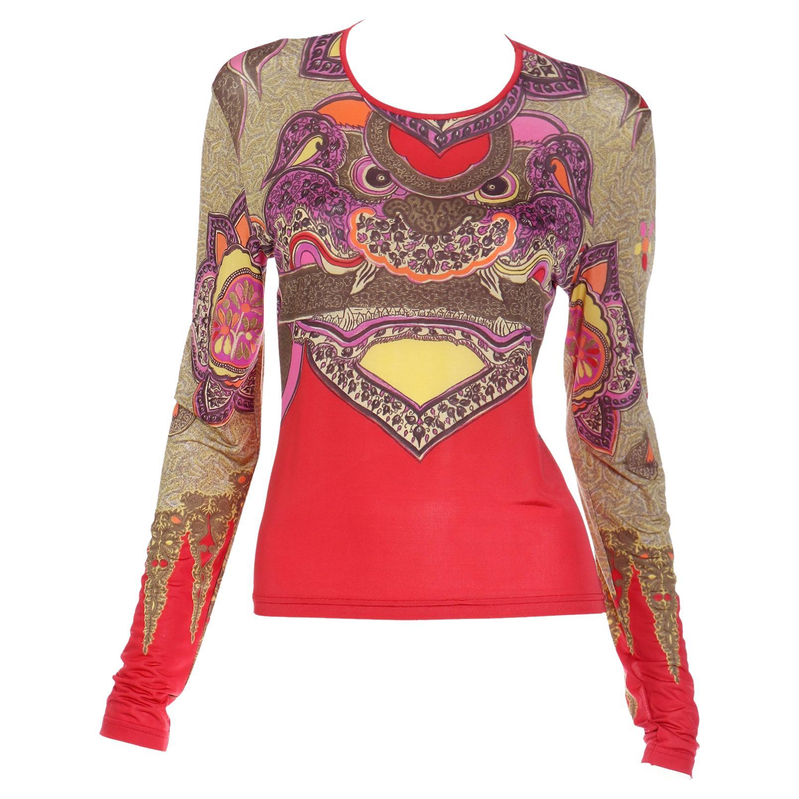 1990s Bazar Christian Lacroix Vintage Chinese Dragon Print Long Sleeve Top For Sale
