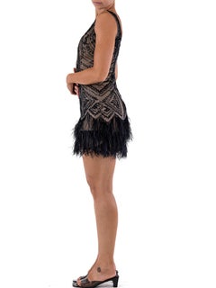 1990S Beaded Nylon Mesh 20'S Style Cocktail Dress With Ostrich Feather Fringe