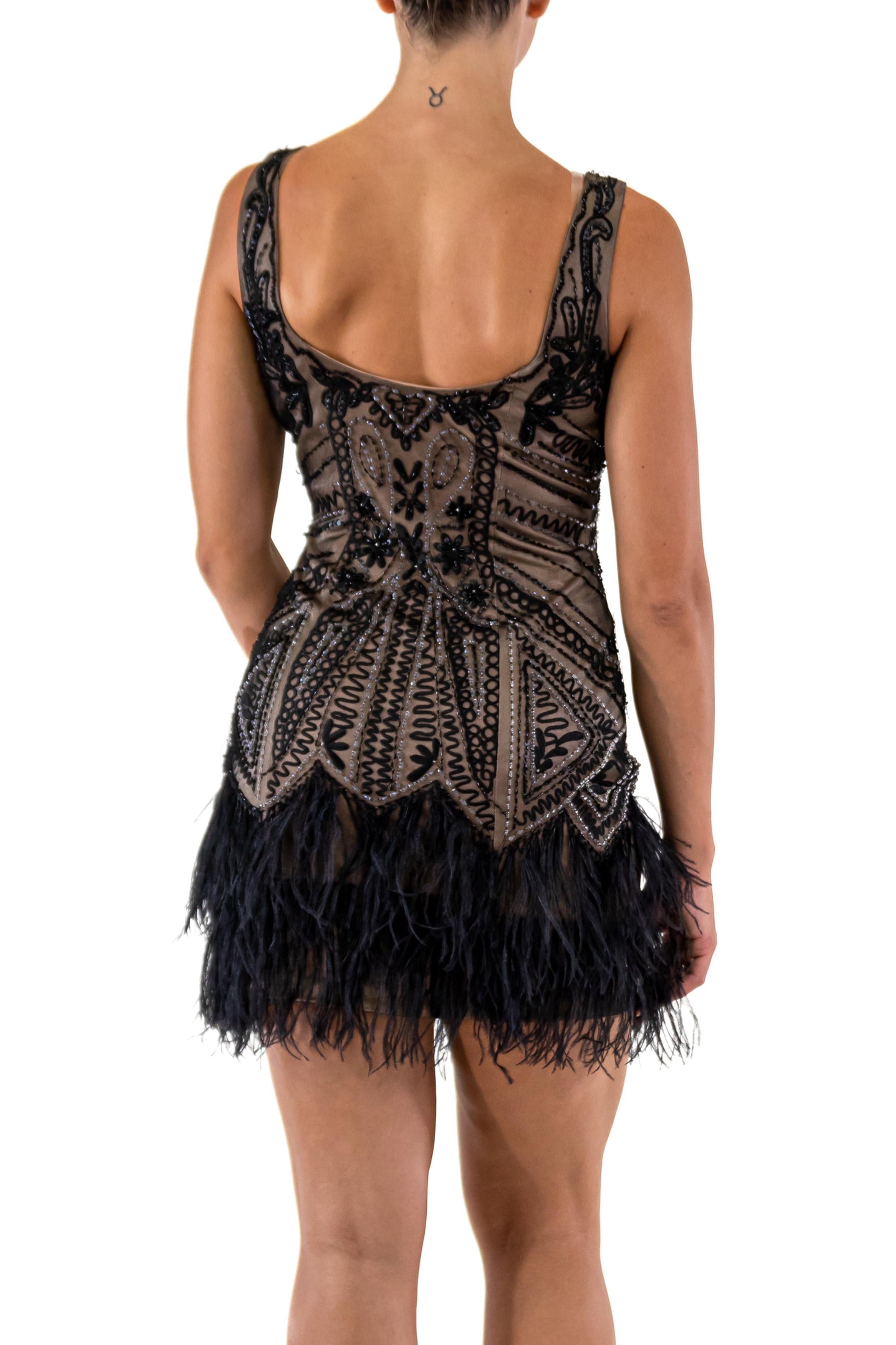 Black 1990S Beaded Nylon Mesh 20'S Style Cocktail Dress With Ostrich Feather Fringe For Sale