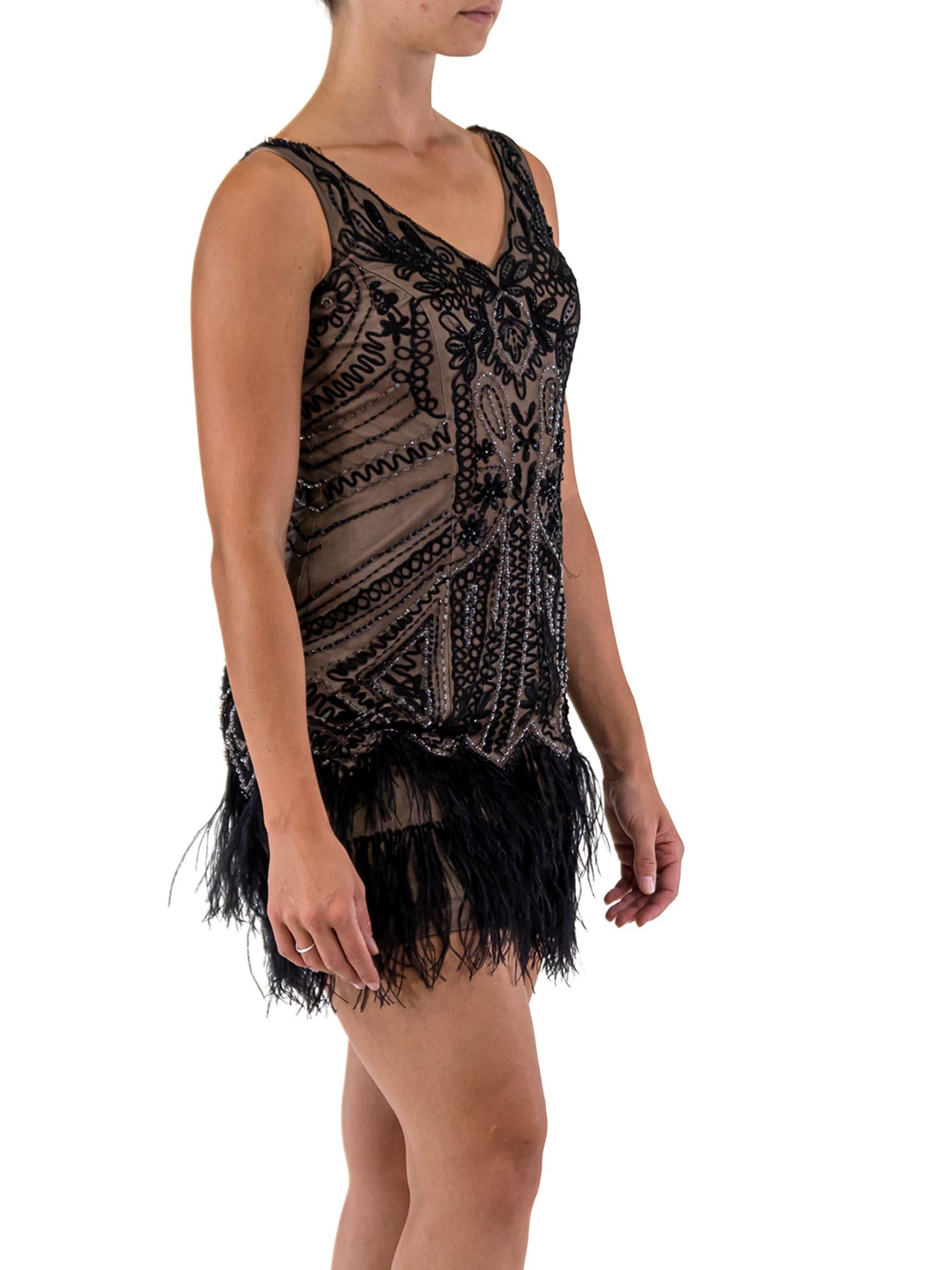 Women's 1990S Beaded Nylon Mesh 20'S Style Cocktail Dress With Ostrich Feather Fringe For Sale