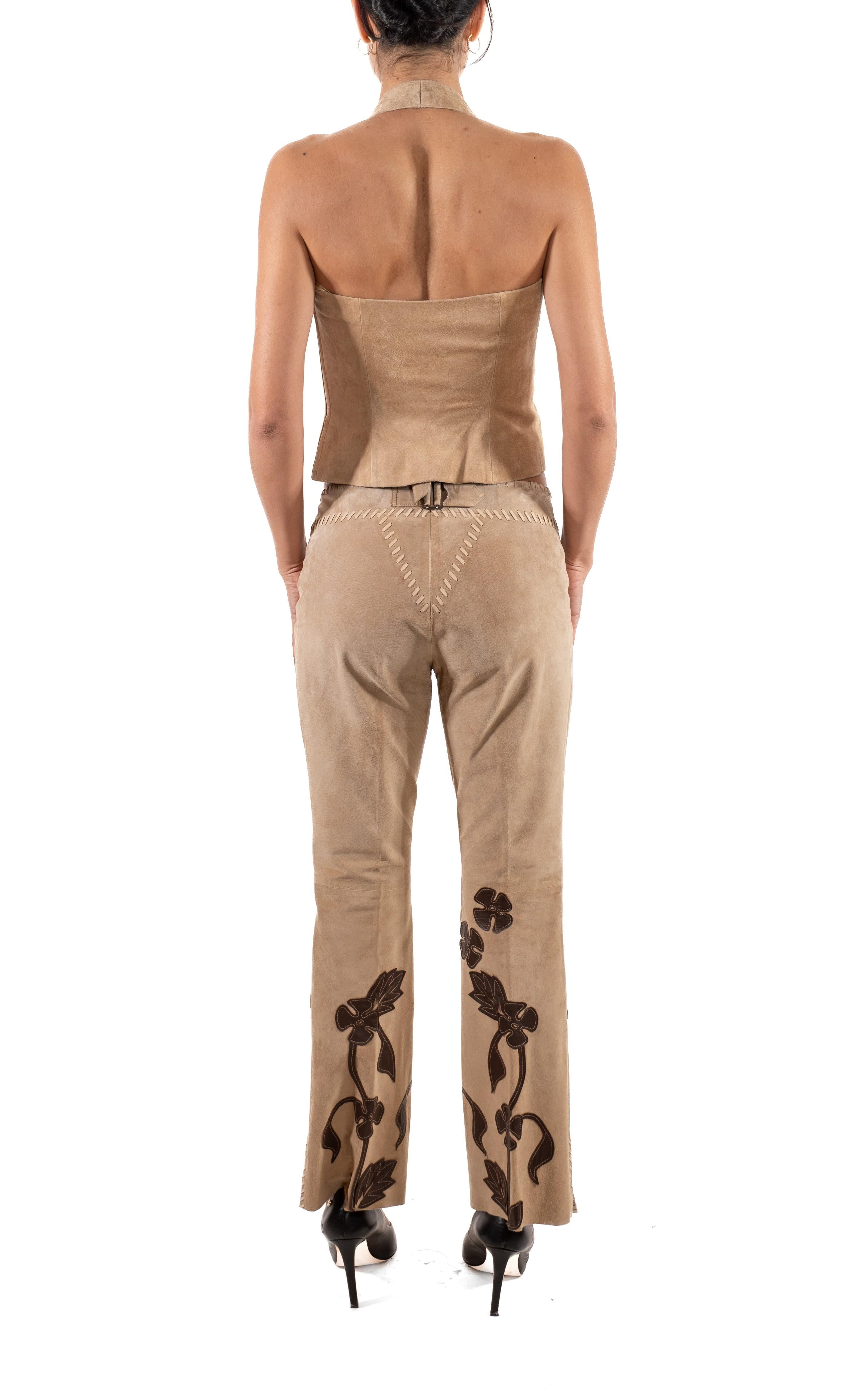 1990S Beige & Brown Floral Appliqué Suede Halter Top Pants Ensemble For Sale 3