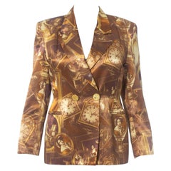 1990S Beige Rayon Satin Jacket Printed With Antique Paintings And Clocks